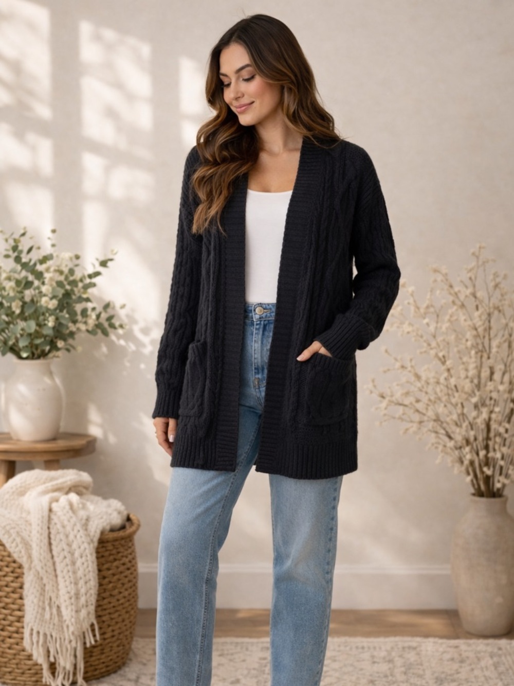 St. John’s Bay Black Cable Knit Open Front Cardigan Sweater Size M NWT
